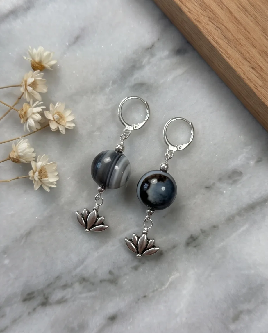 Lotus Banded Agate Earrings — handmade by Willow and Fox